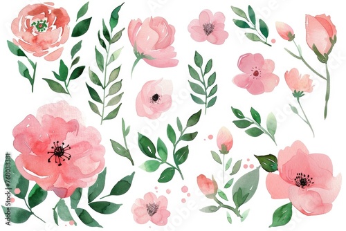 Charming watercolor clipart showcasing bunches of pink blooms and leaves, ready for crafting on a pristine white canvas