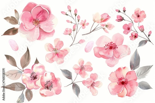 Charming watercolor clipart showcasing bunches of pink blooms and leaves, ready for crafting on a pristine white canvas
