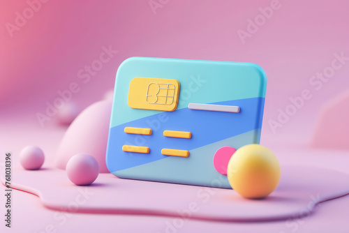 Credit card on purple pink background. money-saving, cashless society concept. 3d render illustration