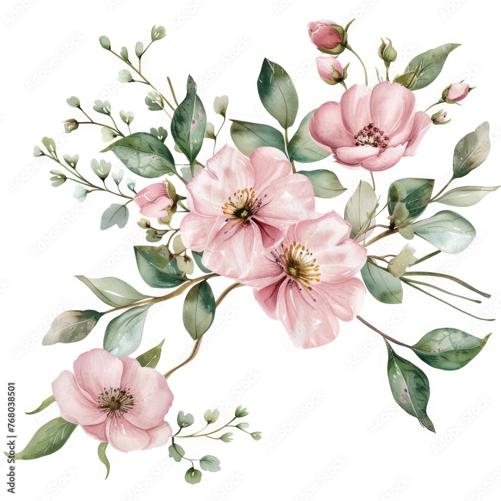 Elegant clipart of blooming pink flowers and green foliage in watercolor, set against a pure white backdrop for bespoke projects Elegant clipart of blooming pink flowers and green foliage in watercolor, set against a pure white backdrop for bespoke projects