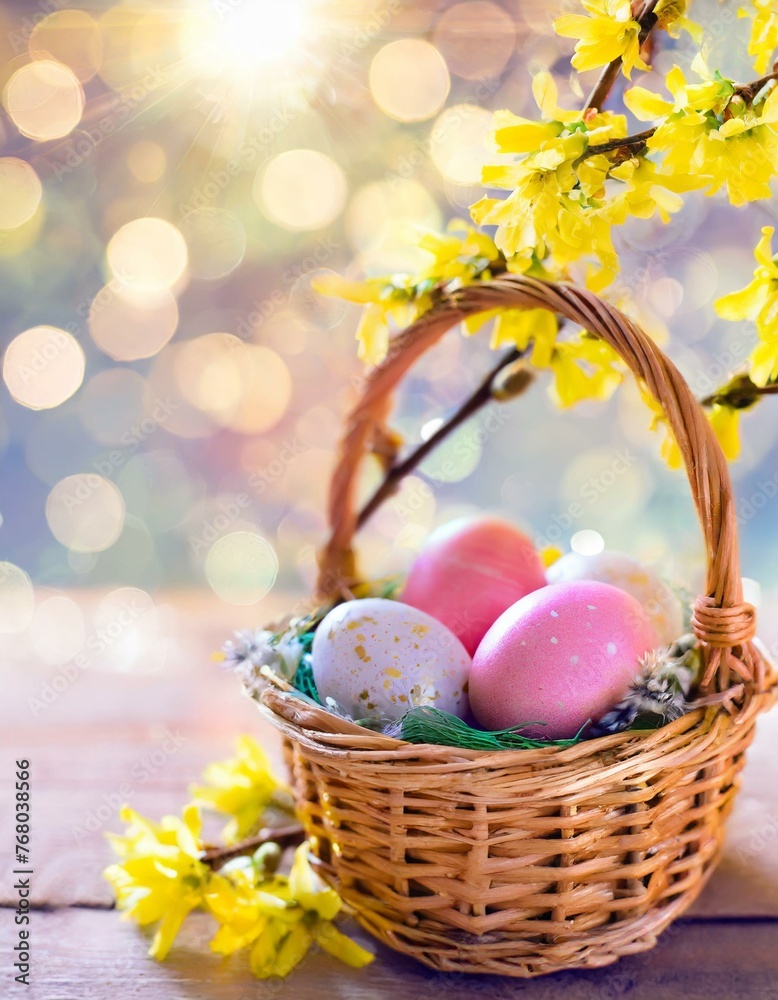 Traditional Easter symbols. Colorful easter eggs in a wicker basket, adorned with yellow springtime forsythia flowers. Traditional Easter symbols. Colorful easter eggs in a wicker basket, adorned with yellow springtime forsythia flowers.