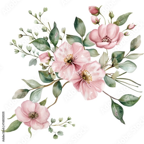Elegant clipart of blooming pink flowers and green foliage in watercolor, set against a pure white backdrop for bespoke projects photo