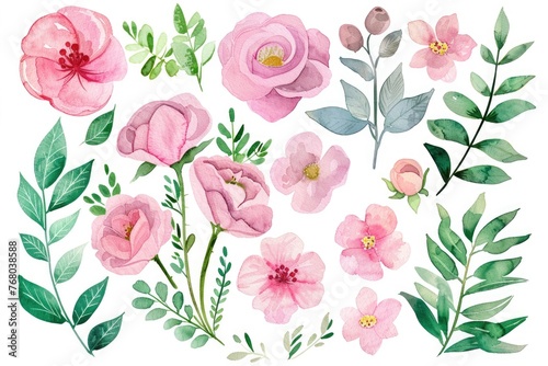 Handpainted watercolor set of pink florals and greenery, elegantly isolated on white, suitable for sophisticated design projects