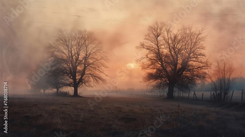 Rural landscape with misty trees. Tree in fog