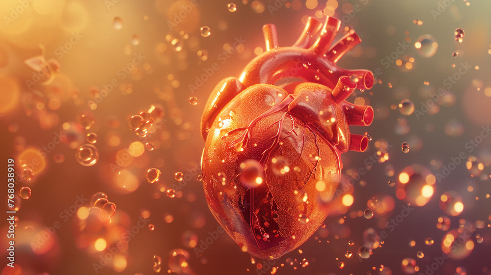 3D animated heart with glowing oxygen bubbles, dynamic camera, warm ambient light - obrazy, fototapety, plakaty 