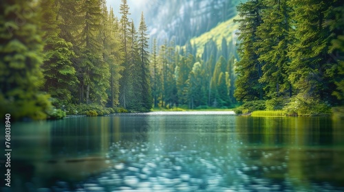 Tranquil Forest Lake, serene lake nestles among pine trees, its calm waters mirroring the lush greenery and peaceful atmosphere photo