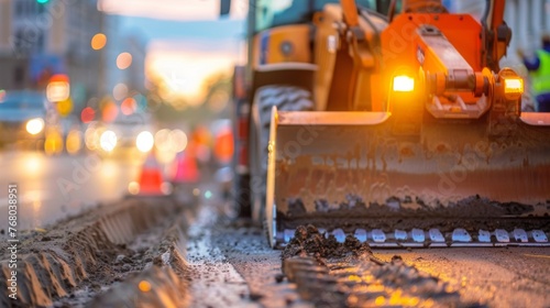 A bulldozer and construction equipment working on asphalt road maintenance and repair in an industrial site.