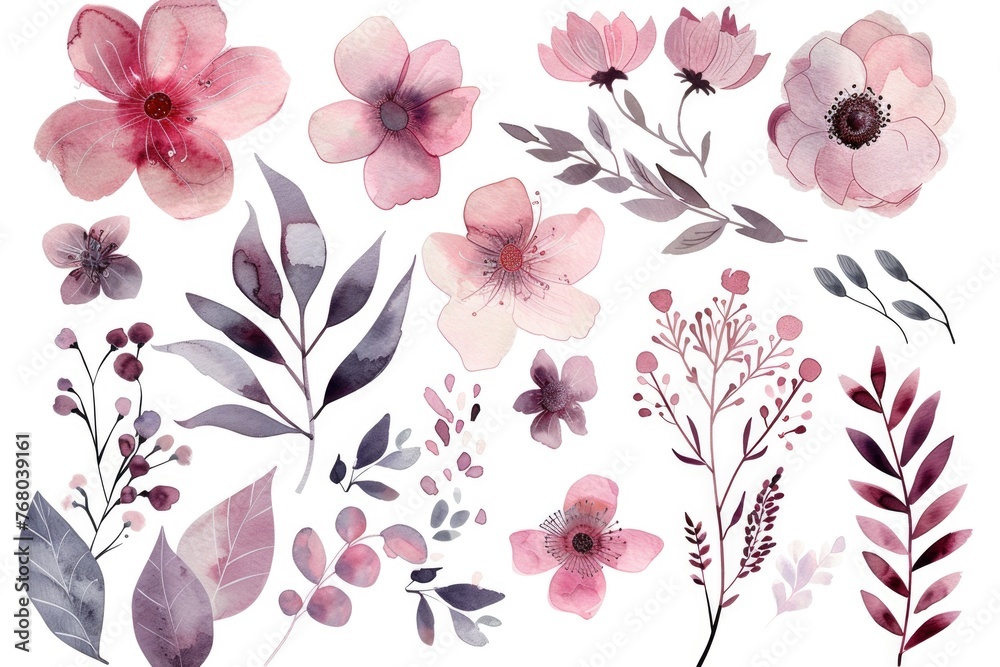 Artistic watercolor collection of various pink florals and fresh foliage, elegantly presented on a white canvas for digital crafting - obrazy, fototapety, plakaty 