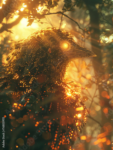 AI Phoenix  made of code  rising from digital ashes  in a virtual forest of glowing binary trees Photography  golden hour  lens flare