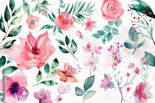 Artistic watercolor collection of various pink florals and fresh foliage, elegantly presented on a white canvas for digital crafting