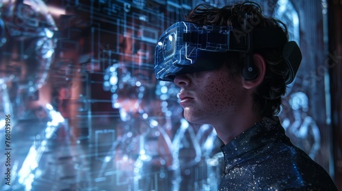 A young person is engrossed in a complex virtual reality experience, surrounded by glowing digital grids and futuristic visuals.