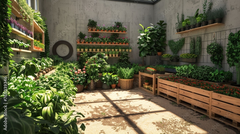 An urban indoor garden full of lush plants and wooden planters, bathed in natural sunlight that creates a serene, green space within a home.