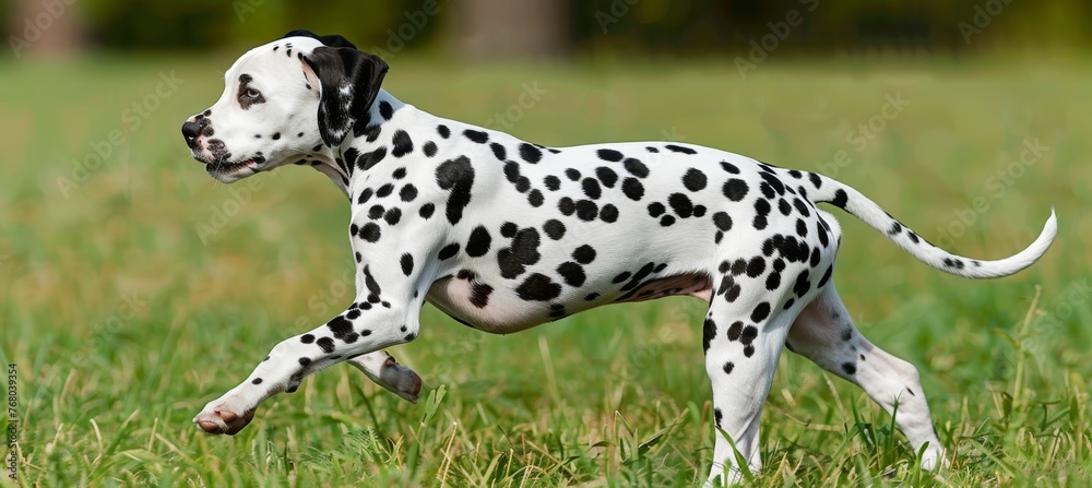 Spotted dalmatian puppy joyfully playing in a lush meadow   a lively and energetic companion