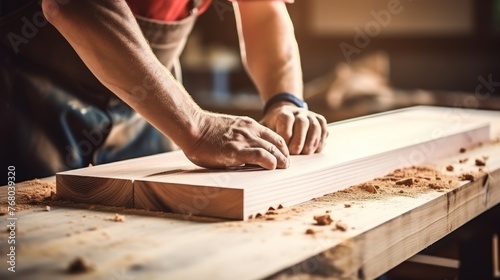 Hand carpenter working with blueprint on wooden table in carpentry shop