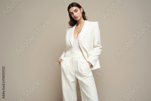 Portrait of a beautiful young brunette woman in a white suit