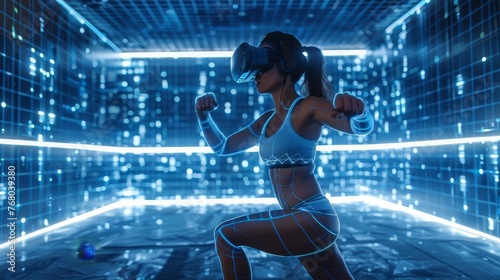 A woman performs a workout in a virtual reality environment, surrounded by glowing blue grid lines, highlighting a fusion of fitness and cutting-edge technology. © Sodapeaw
