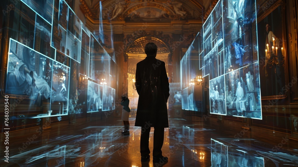 A spectator stands absorbed in a virtual art exhibition, where classic paintings come to life in a grand, historic hall.