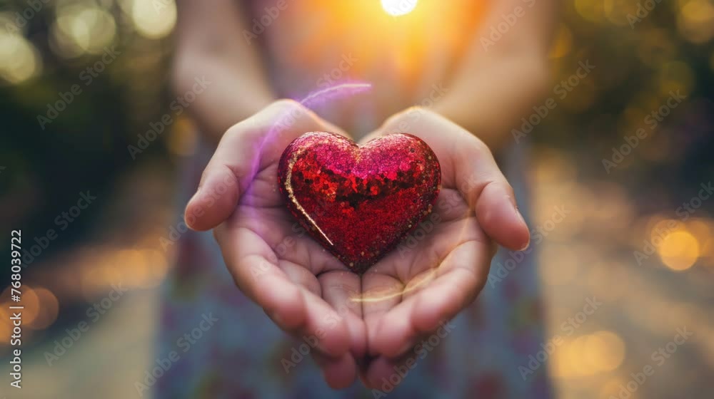 A heart pulsating with lights in a woman’s hands, a symbol of love. A heart pulsating with lights in a woman’s hands, a symbol of love.
