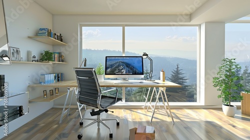 The home office idea has a computer with a table and chairs and a stunning view through the window. © Keat