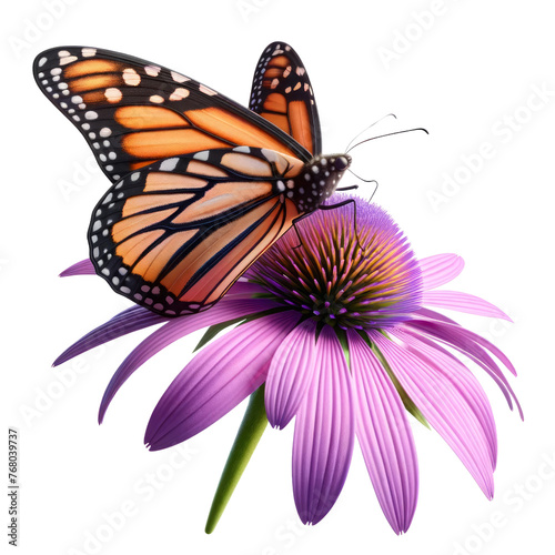 3D of A butterfly is sitting on a purple flower, isolated on a transparent background. © peerasak