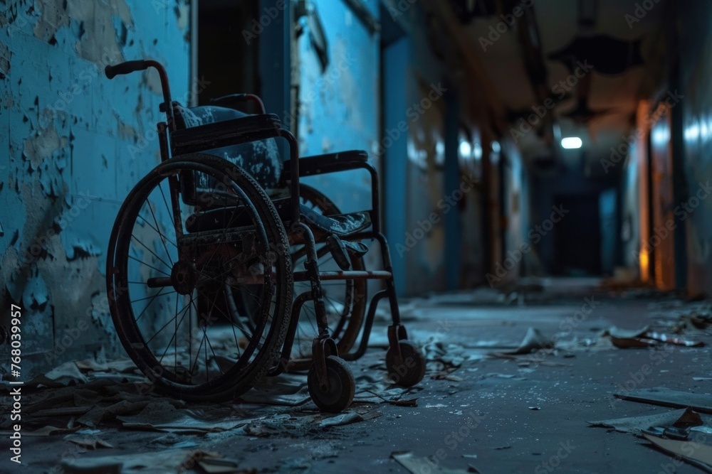 Forgotten pathways: an abandoned wheelchair in a decrepit corridor - obrazy, fototapety, plakaty 