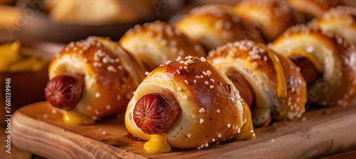 Mini pretzel hot dog pigs in a blanket with Dijon mustard for dipping