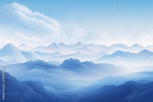 a blue and white landscape with mountains and clouds