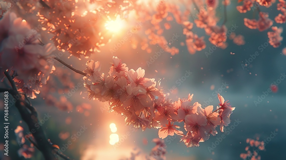 Sunlight filters through cherry blossoms, soft focus for gentle spring morning