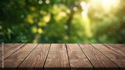 Beautiful blurred forest with empty wooden table