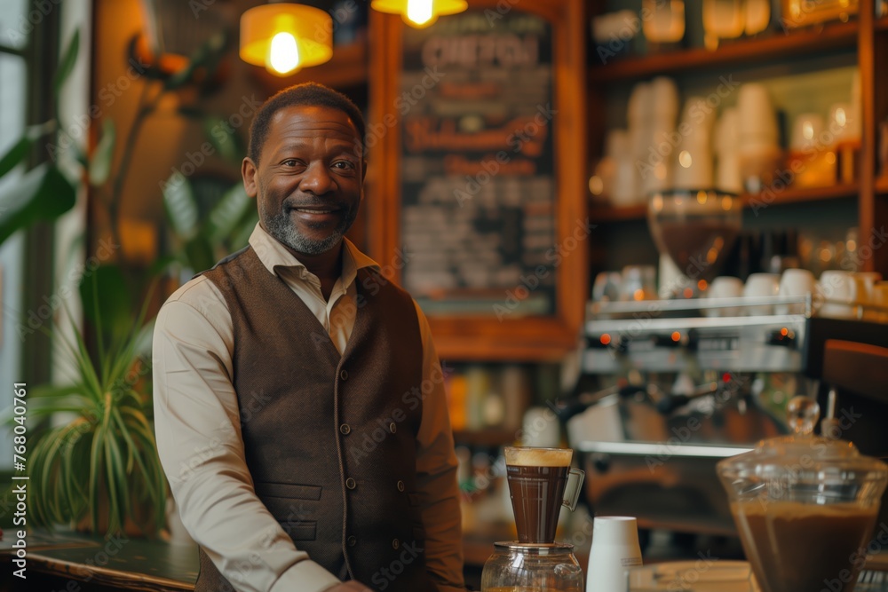 African American cafe owner with a beaming smile, wears heartfelt smile, welcoming patrons with open arms into the verdant, sunlit retreat of his coffee haven. Proprietor of coffee shop,