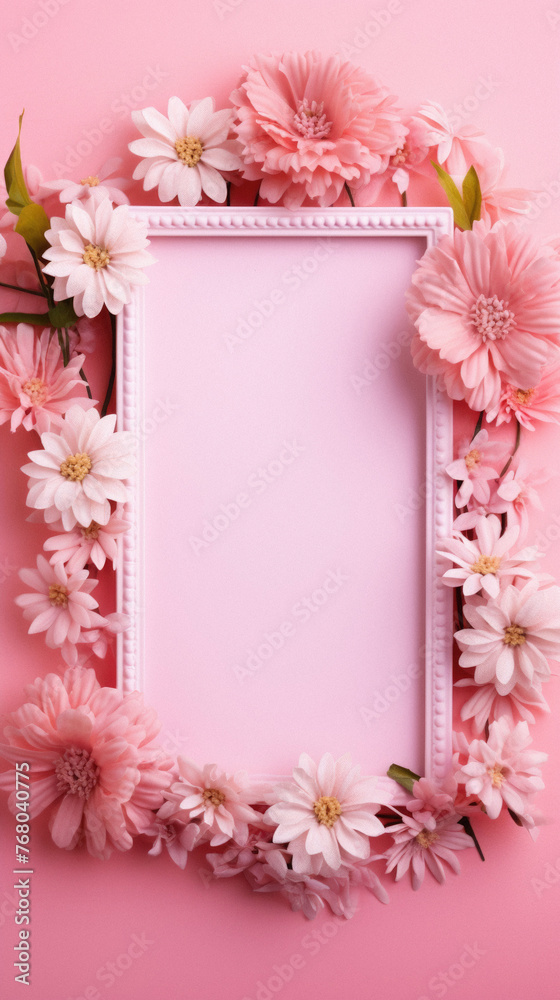 Frame with pink flowers on a pink background. Place for text . Frame with pink flowers on a pink background. Place for text .