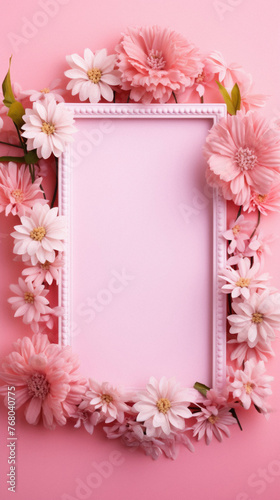 Frame with pink flowers on a pink background. Place for text .