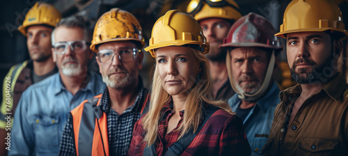 group portrait of builders against the backdrop of earthmoving equipment photo
