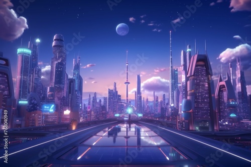 A futuristic cityscape with towering skyscrapers  neon lights  and flying cars