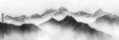 mystical siluette mountains in fog, minimal, black, white and greys, photo