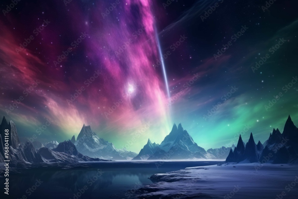 A view of a distant planet with a bright, colorful aurora in the sky - obrazy, fototapety, plakaty 
