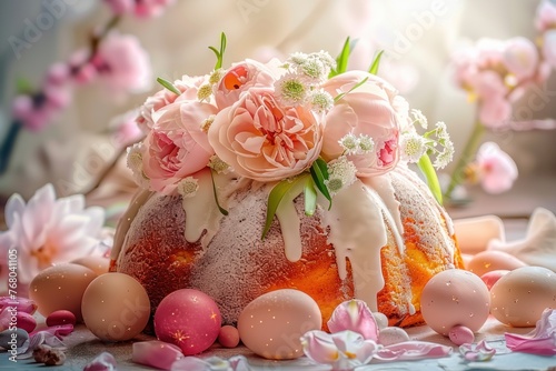 Easter bundt cake with pastel flowers and eggs