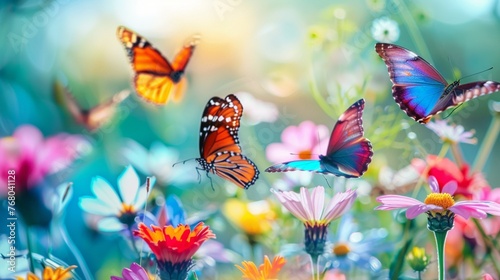 A group of colorful butterflies fluttering through a field of wildflowers, their delicate wings a kaleidoscope of hues. © balqees