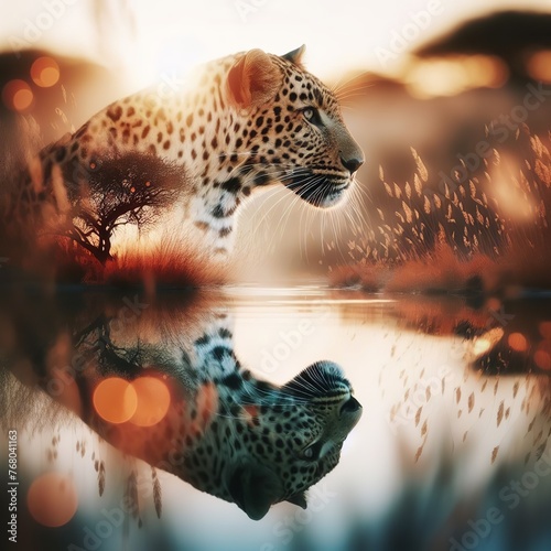 Leopard in savannah double exposure, african wildlife in the forest landscape background with creativity or natural adventure design. © Muhammad