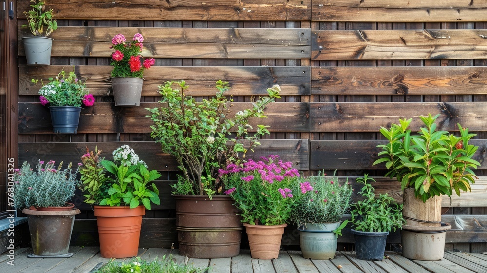 Several potted plants were neatly arranged next to the wooden fence. creating an outdoor exhibition space
