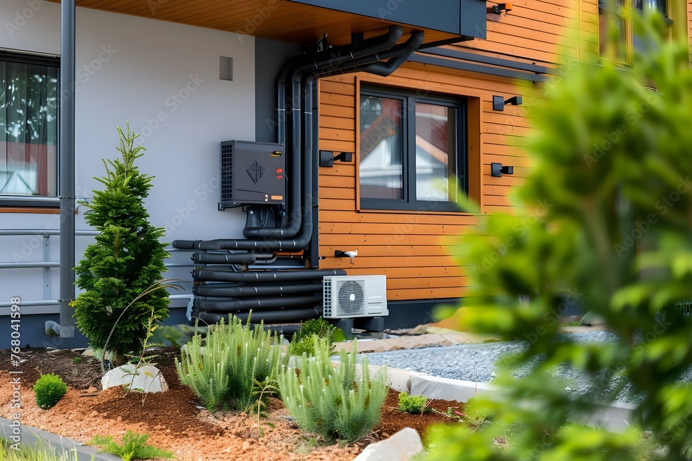 A photo of a ground source heat pump system a sustainable and efficient way to heat homes using renewable geothermal energy. Concept Geothermal Energy, Ground Source Heat Pump System - obrazy, fototapety, plakaty 