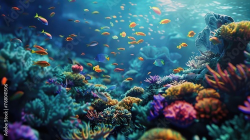 An underwater reef with blue fish swimming around a thriving coral garden in the flowing waters.