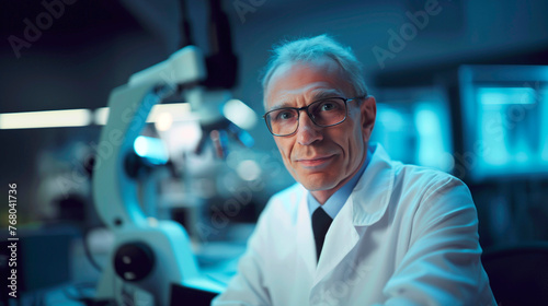 Senior male scientist with grey hair and glasses smiles in lab