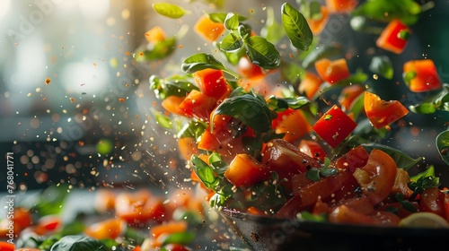 Bright array of fresh vegetables tossed in air from skillet