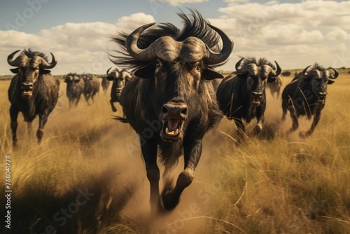 A wide-angle shot of a herd of wildebeest running across an open grassland