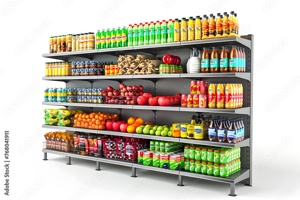 Realistic Supermarket shelfs with products isolated on white background