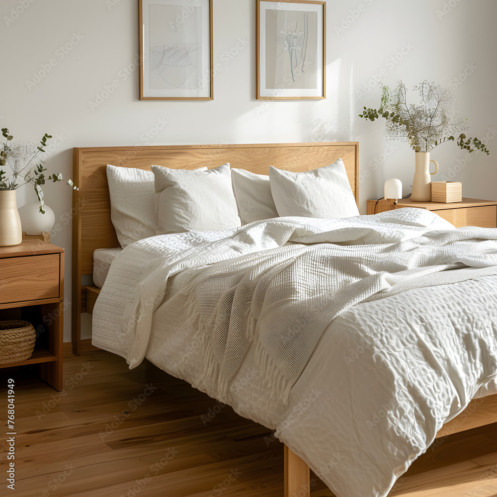 Wood bed with white bedding and bedside cabinets. Scandinavian style interior design of modern bedroom. 3d render. Wood bed with white bedding and bedside cabinets. Scandinavian style interior design of modern bedroom. 3d render.