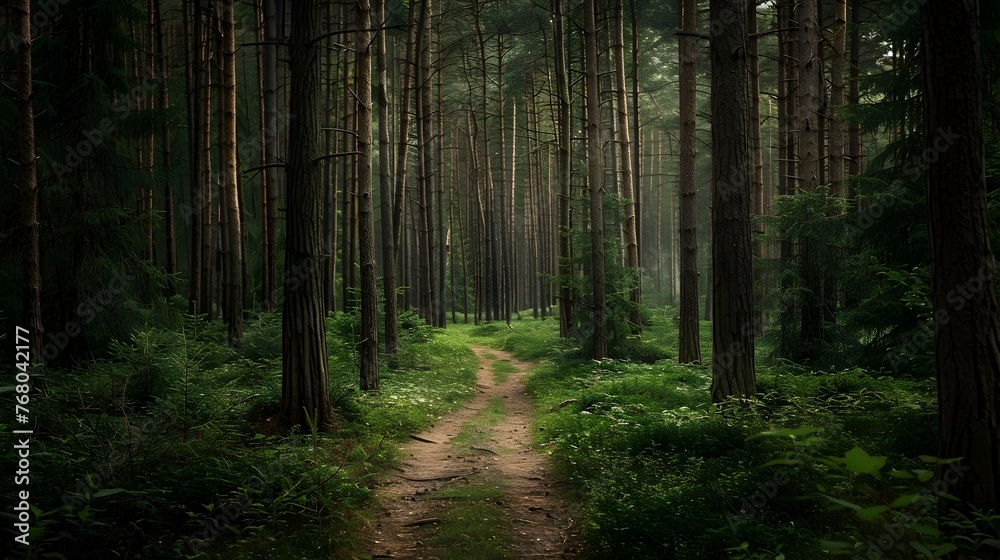 Mystical path through dense green forest - A tranquil and moody pathway leading through a thick forest of tall, narrow trees, invoking a sense of peace