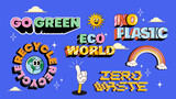 Text Stickers in trendy retro style. Eco world concept. World Environment Day.  Earth planet lettering caption no plastic, go green, zero waste. Vector illustration	