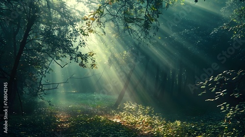 Mystical forest with divine light beams - Divine beams of light shine through the foliage in a magical forest  symbolizing hope and the beauty of nature